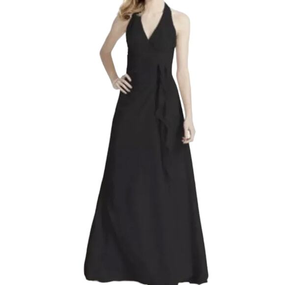 Davids Bridal Soft Crinkle Chiffon Halter Draped Cascade Dress Size 2 Black - Picture 1 of 7
